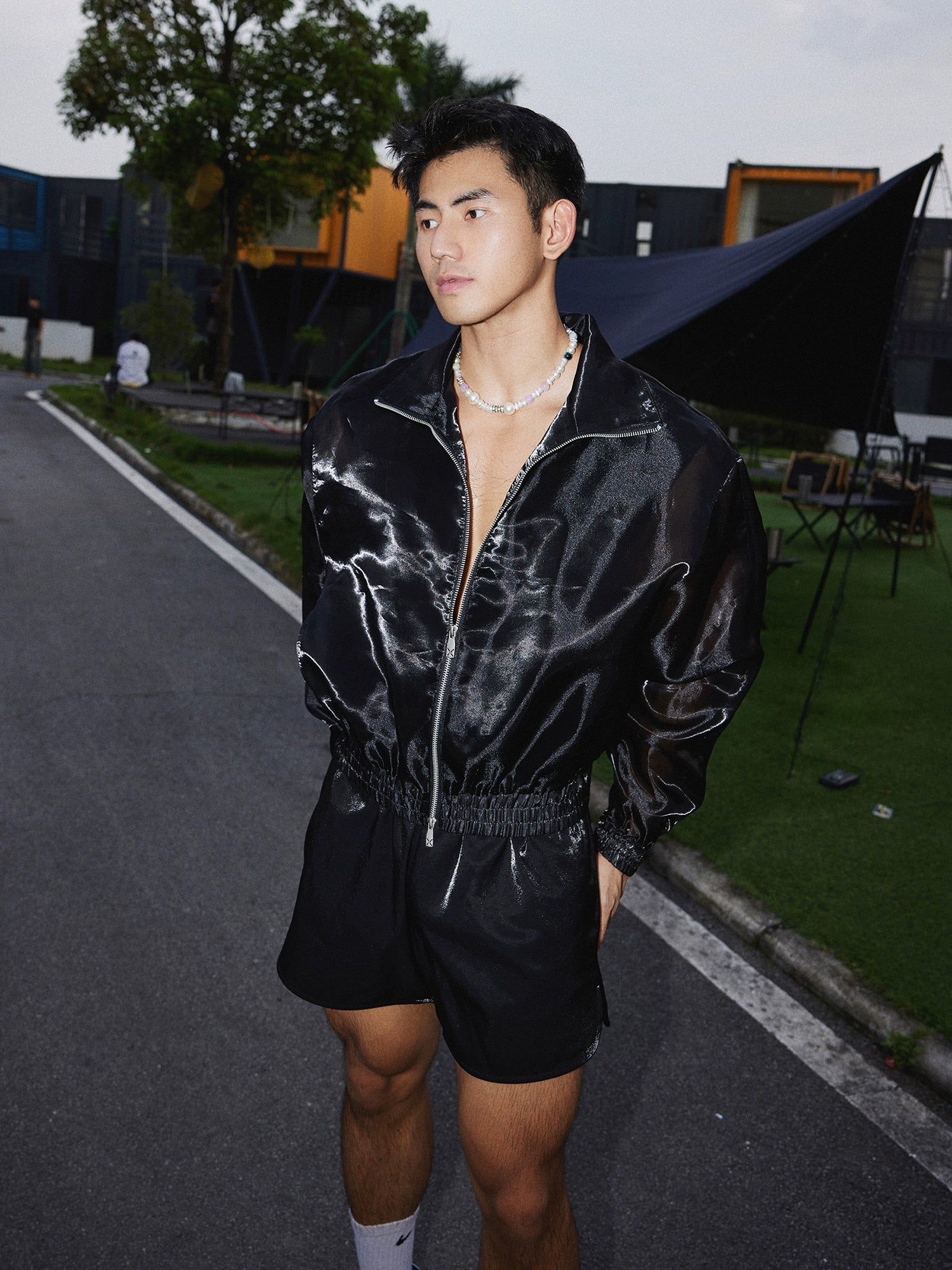 Black Glossy Zip Up Jacket and Short Setup