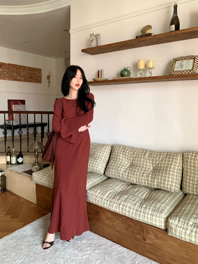 Retro Long Sleeve Button-Front Maxi Dress