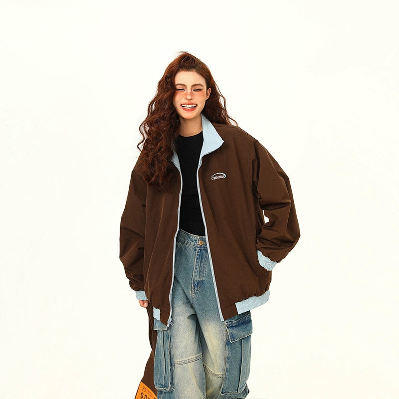 Contrast Collar Brown Bomber Jacket