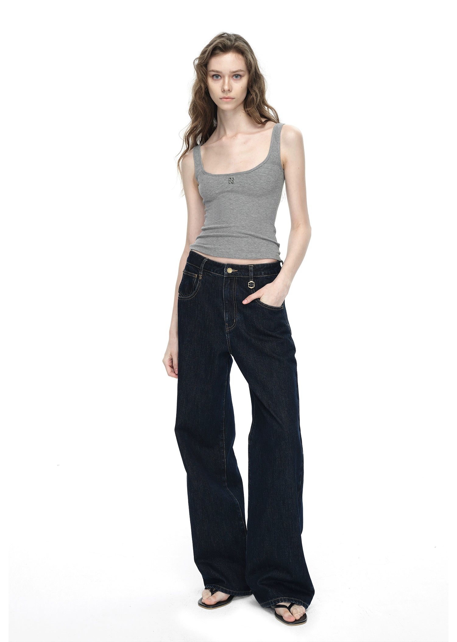 Dark Blue Raw Denim Wide-Leg Jeans