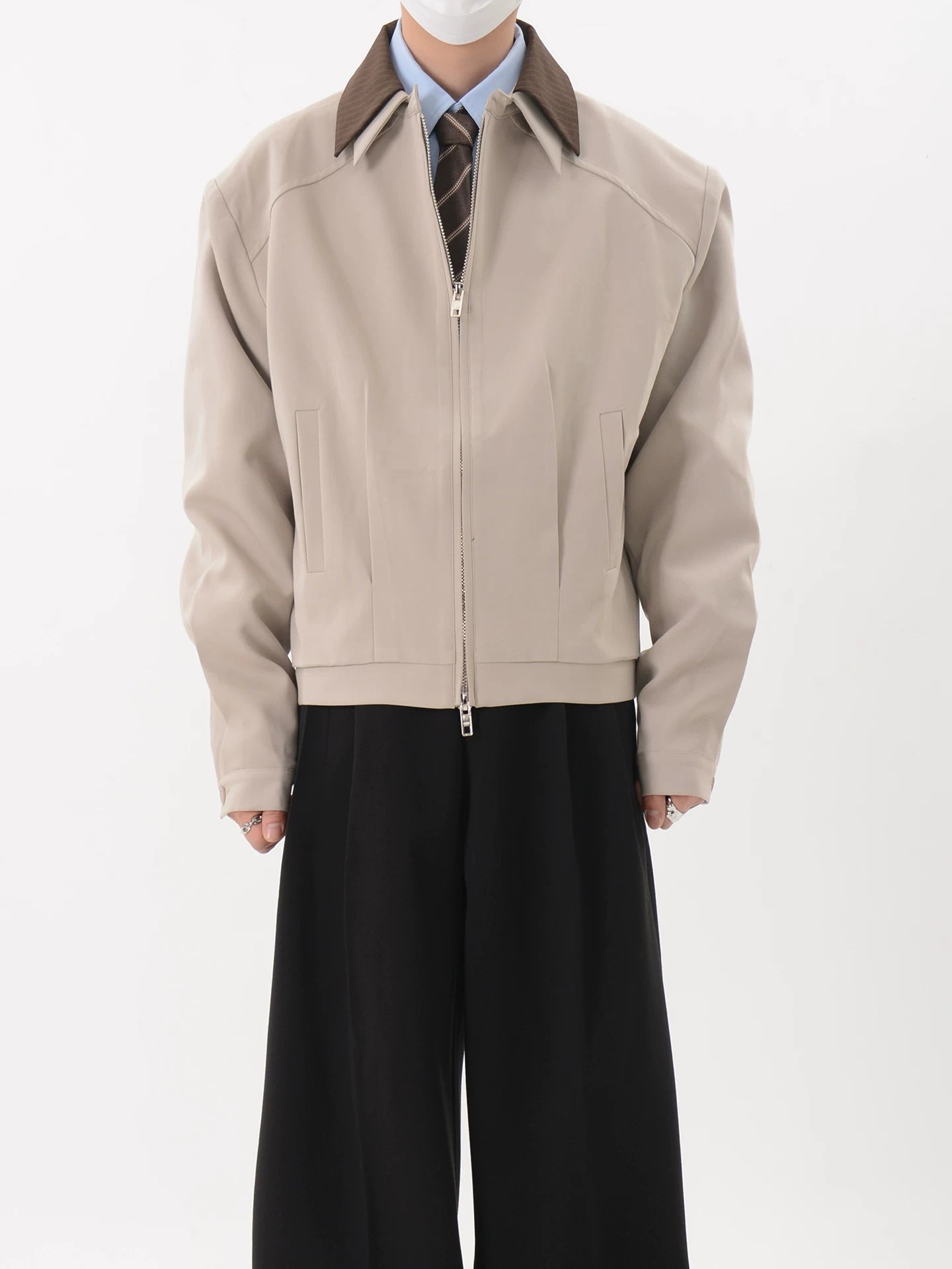 Taupe Ledger Contrast Collar Blouson