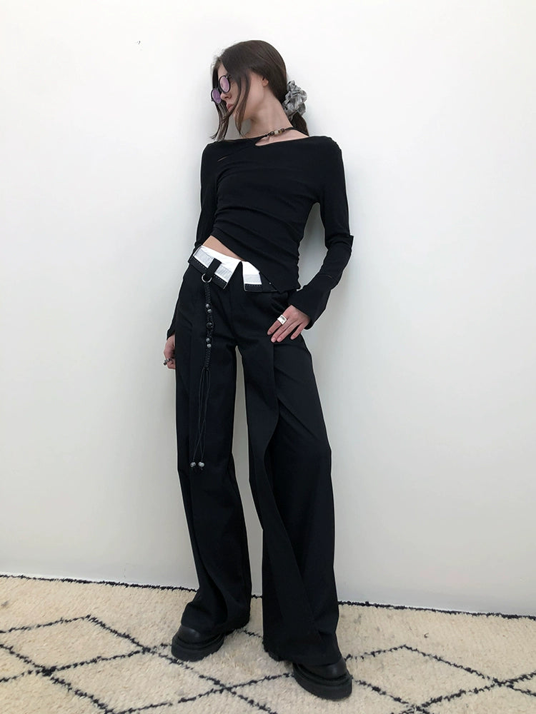 Asymmetrical Sheer Long Sleeve Top with Beaded Strap