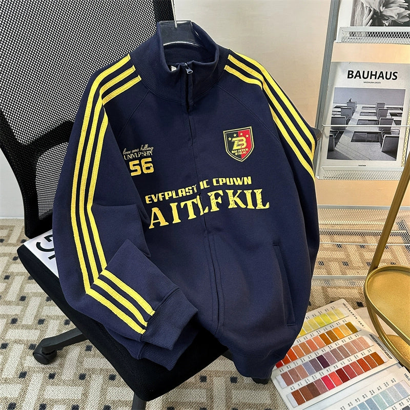 Black Track Jacket with Red Stripes and White Graphic Lettering