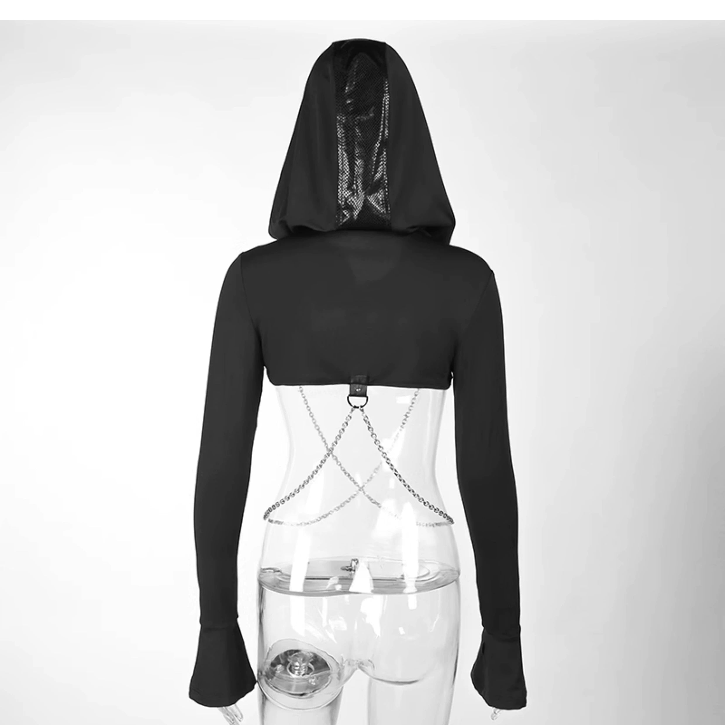 Wannathis Gothic Hooded Crop Top - Black Long Sleeve Chain Harness Shrug