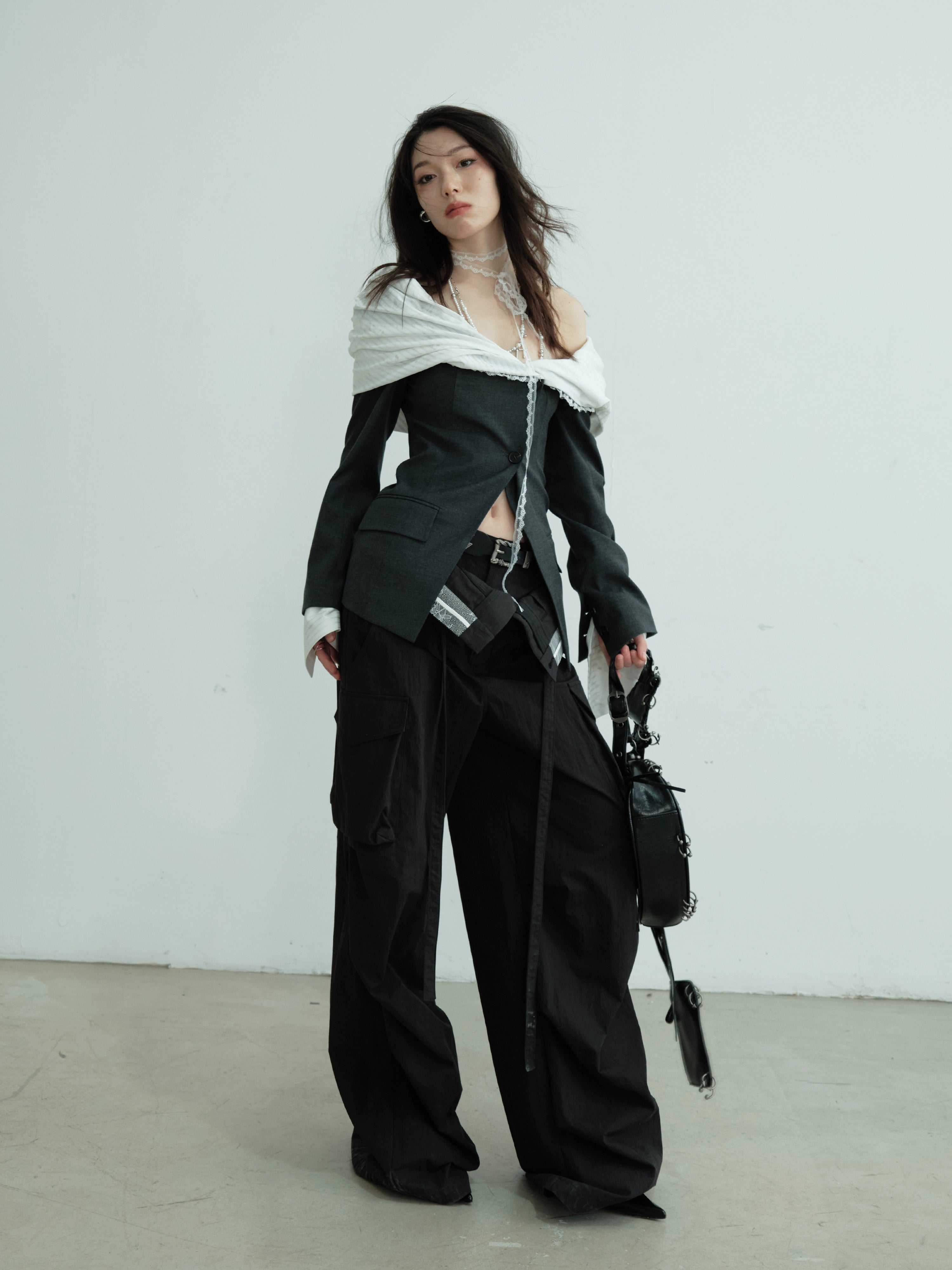 Wide Leg Cargo Pants Contrast Trim