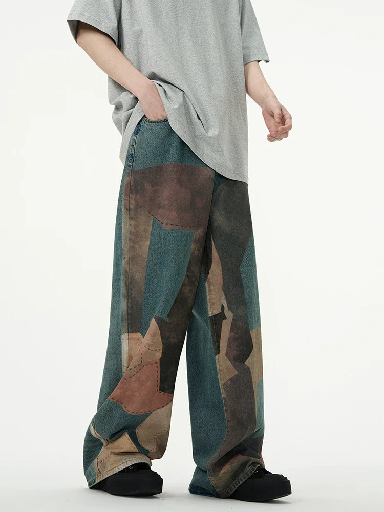 Artful Print Wide-Leg Denim Jeans - chiclara