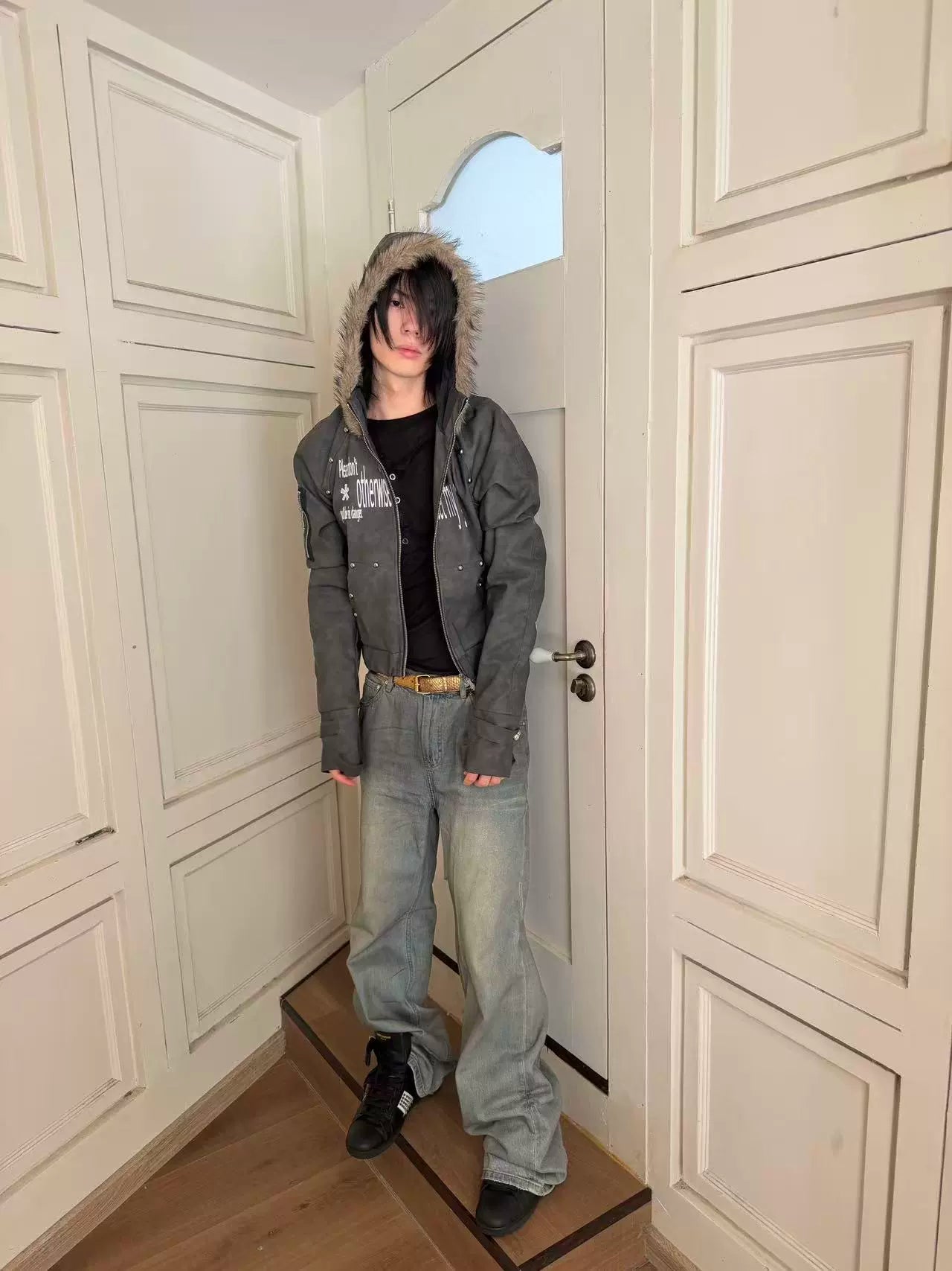 Faux Fur Hood Cropped PU Jacket