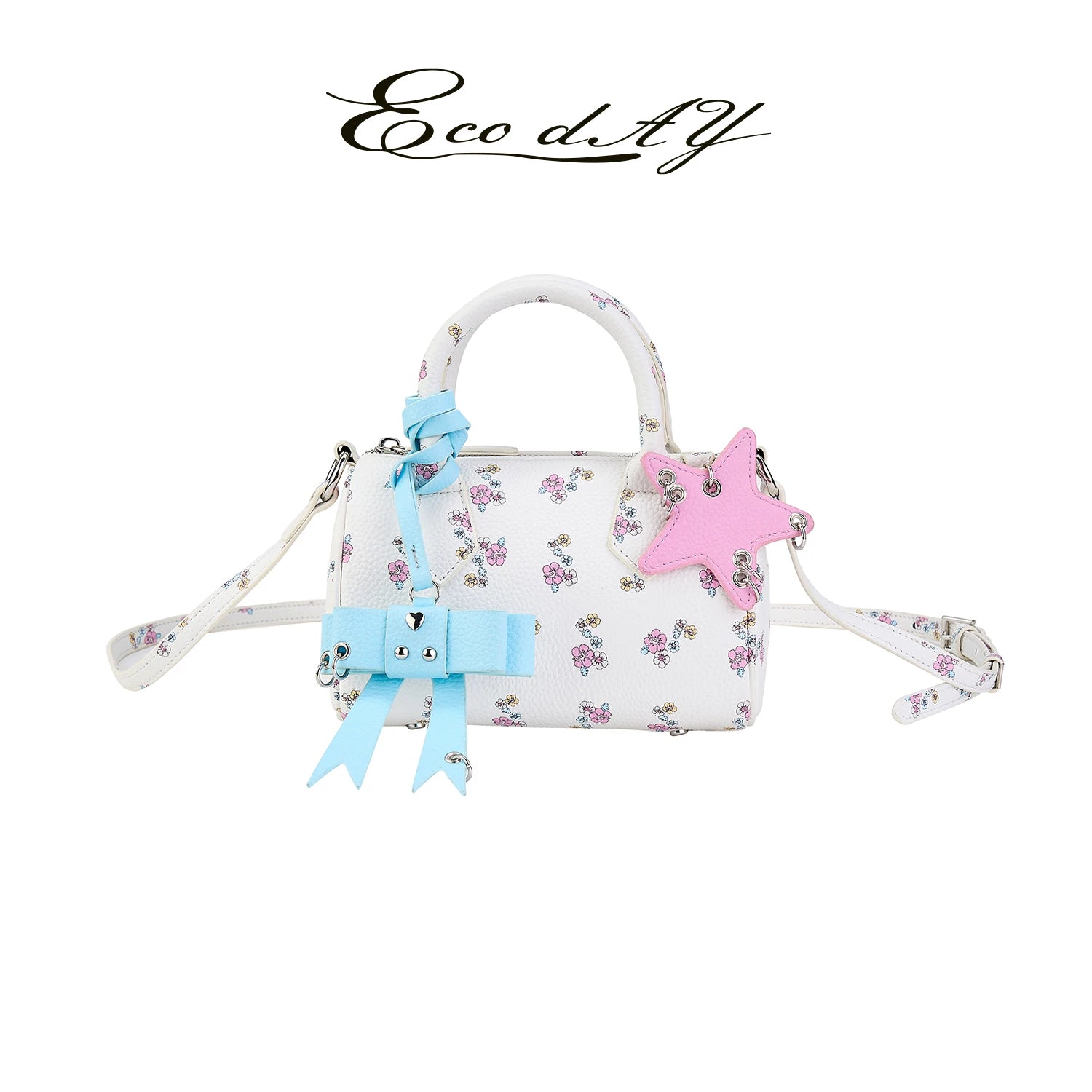 Floral Bow Mini Boston Crossbody Bag - White Floral