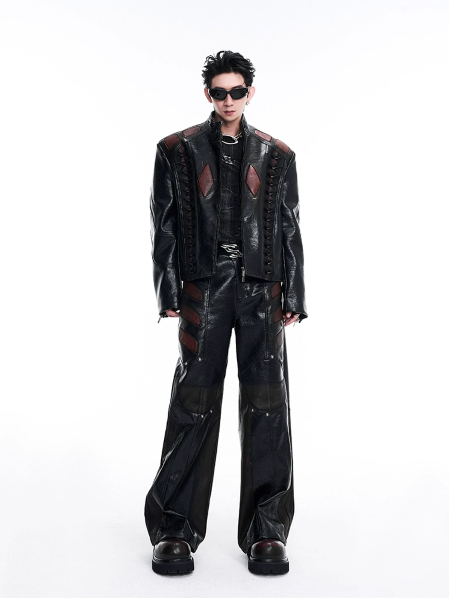 Two-Tone Leather Paneled Jacket and Pants Setup