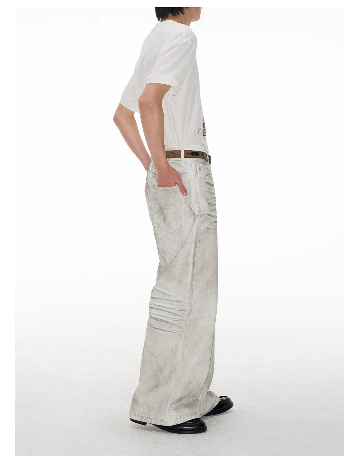 Faded White Ruched-Front Wide-Leg Jeans