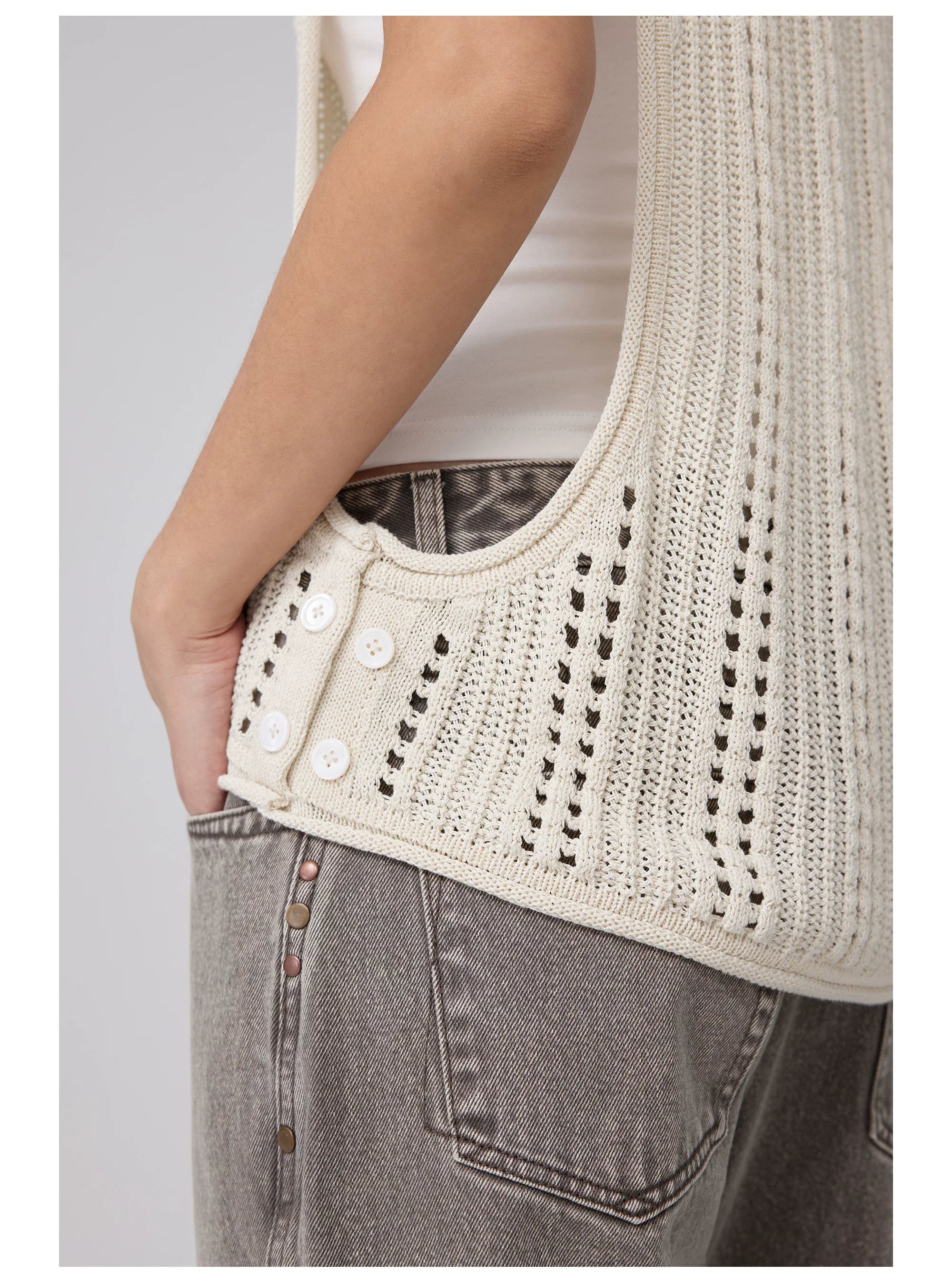 Open-Knit Button-Detail Vest