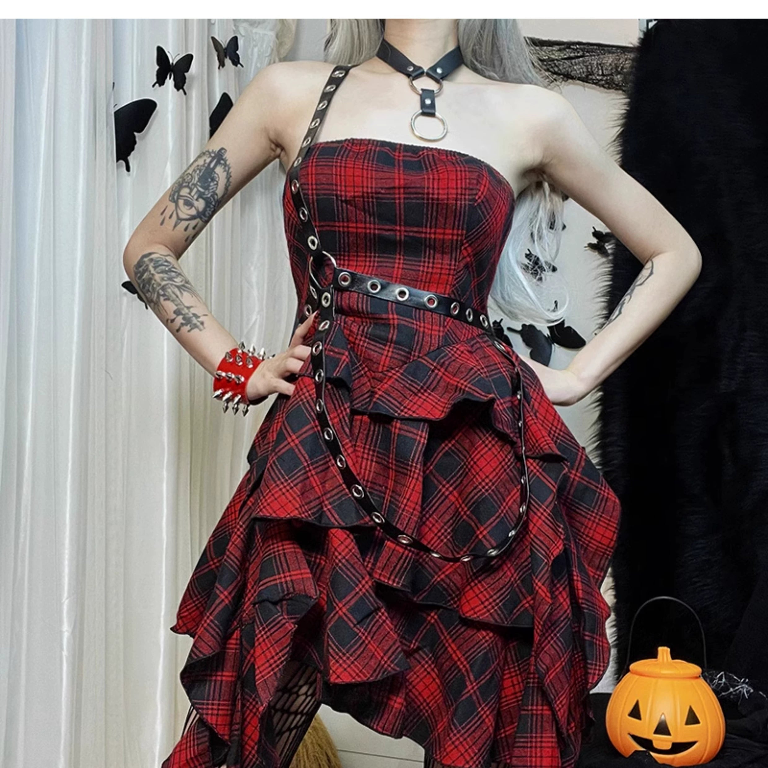 Wannathis Punk Tartan Mini Dress - Red Plaid Ruffle Tiered Goth Dress With Studded Harness