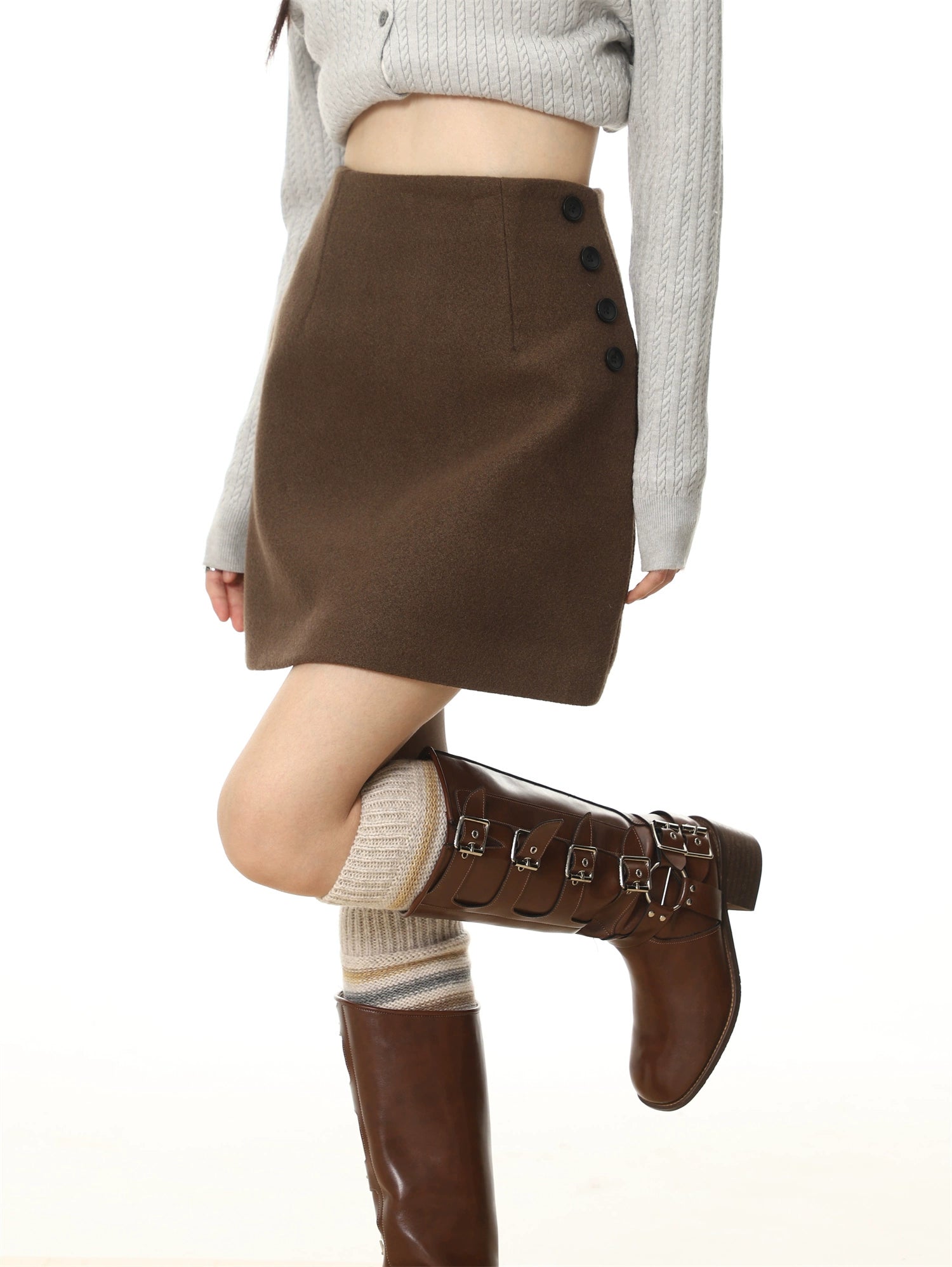 Simple Button Wool A-line Skirt