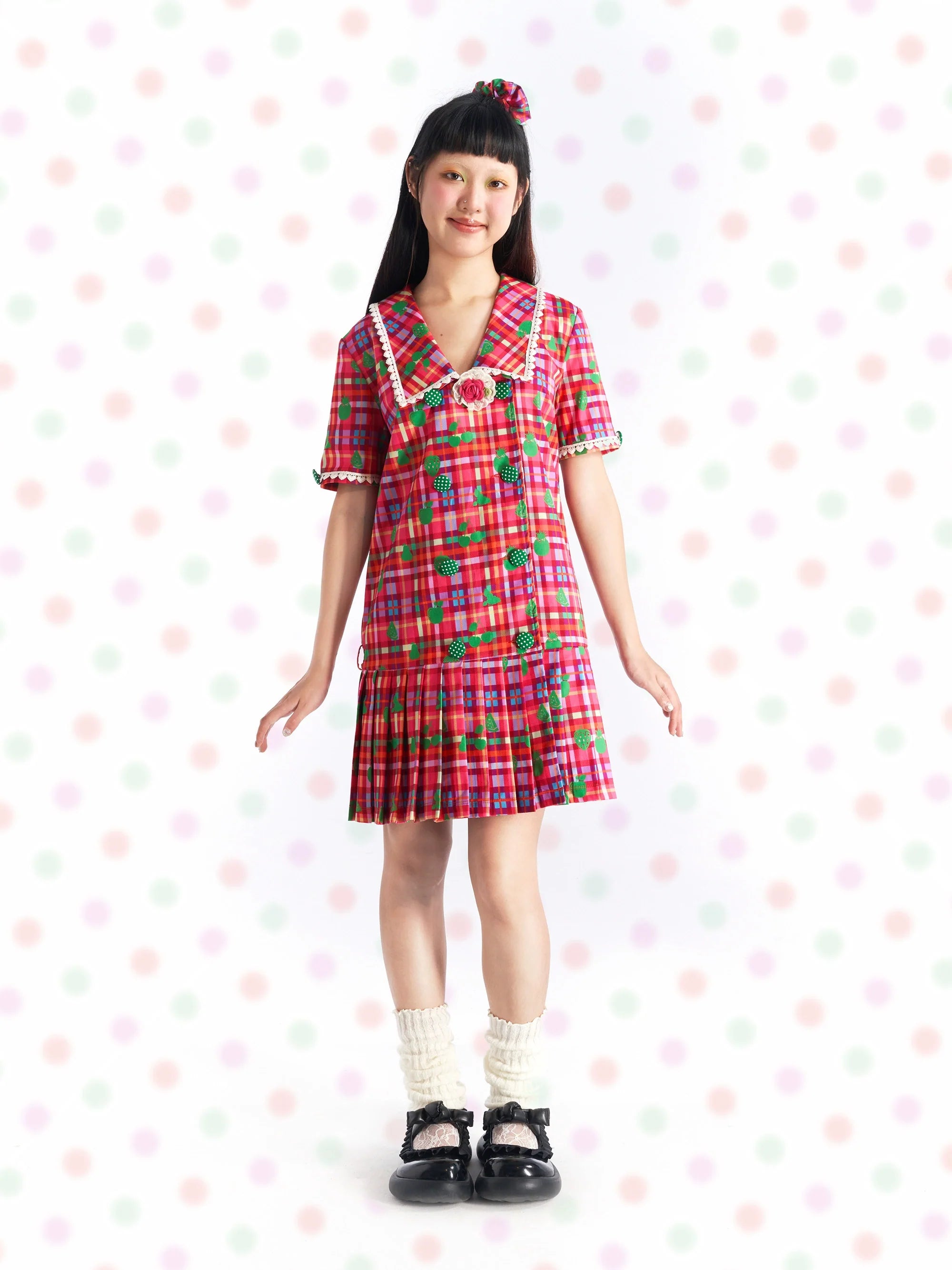 Pink Plaid Apple Print Pleated Dress