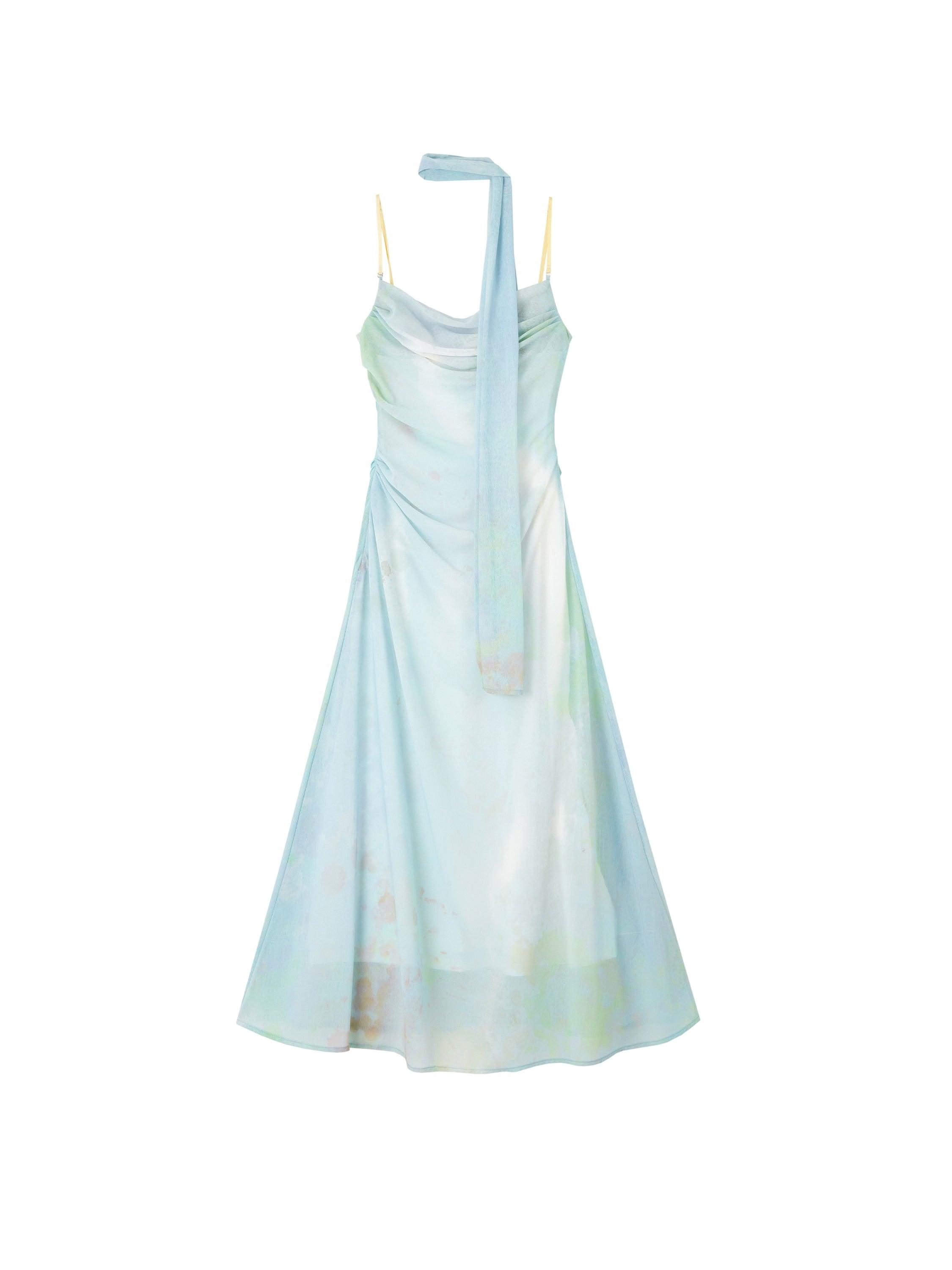 Of Akiva Ethereal Watercolor Maxi Dress - Women'S Spaghetti Strap A-Line Gown With Asymmetric Scarf Detail