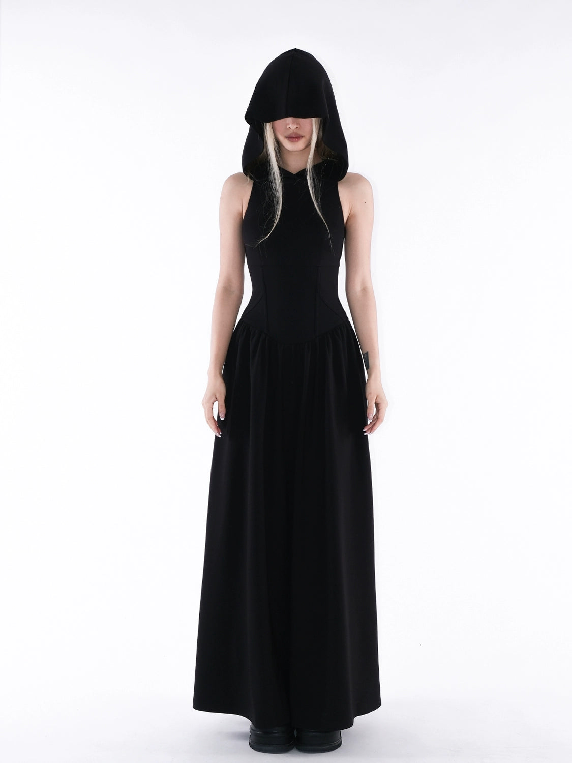 Chiclara Gothic Hooded Maxi Dress - Sleeveless Black Floor-Length Gown With Attached Hood