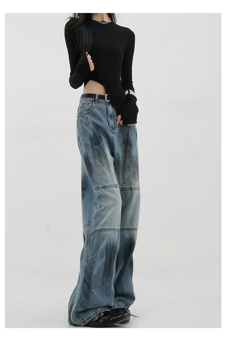 Vintage Distressed And Dirt-Dyed Patchwork Wide-Leg Jeans - chiclara