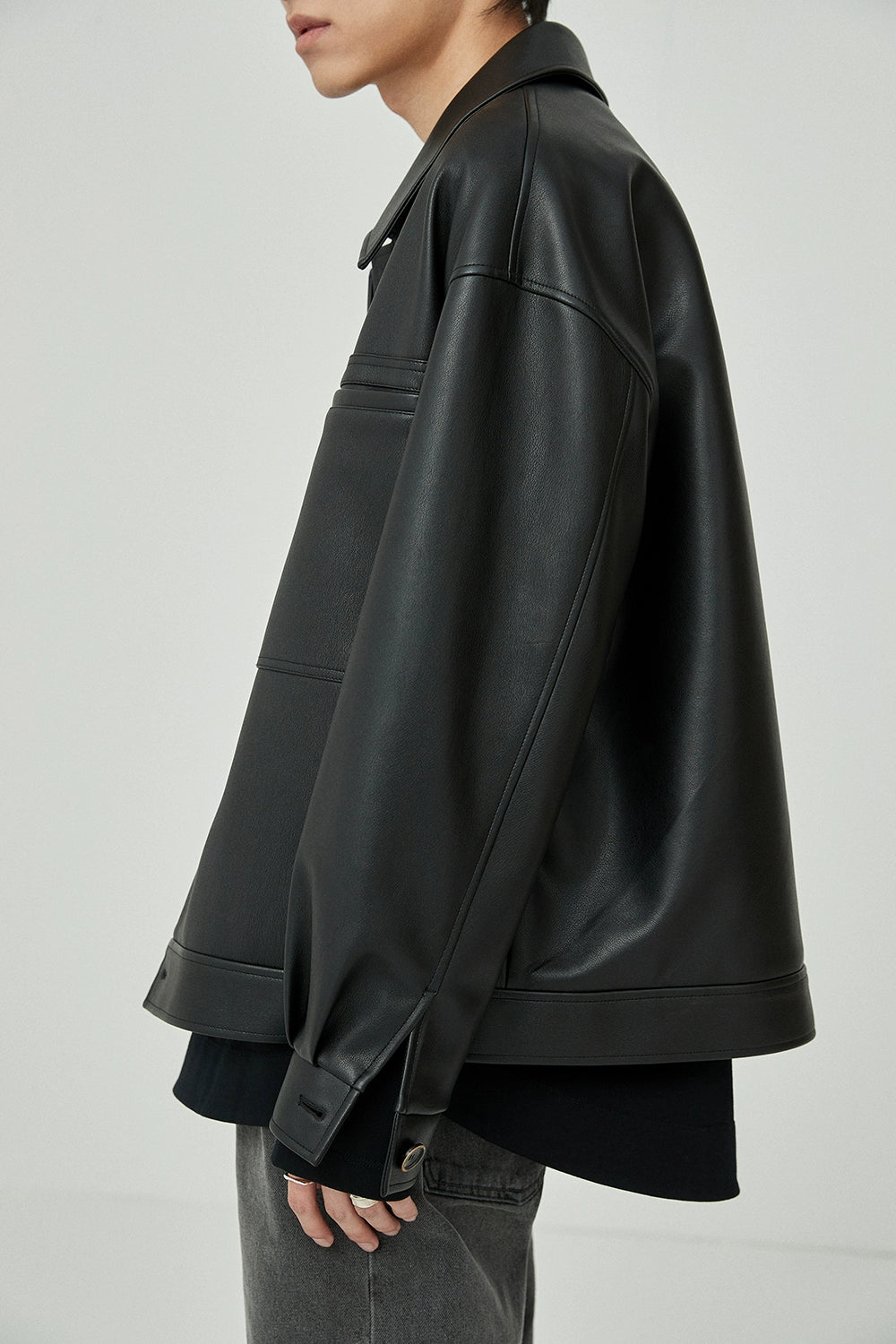 Square Neck Oversized Cropped PU Leather Jacket