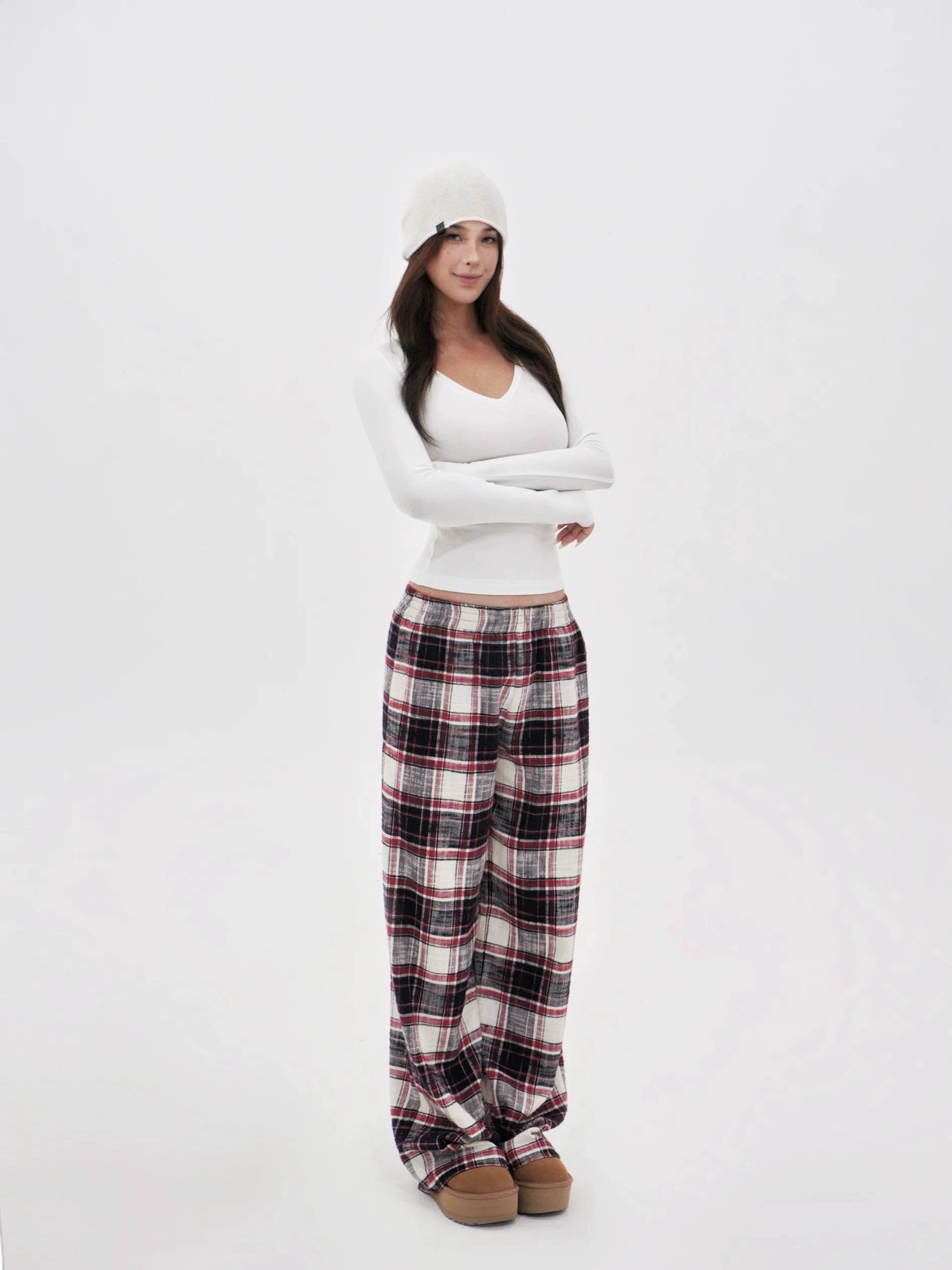 Red Plaid Wide-Leg Floor-Length Pants