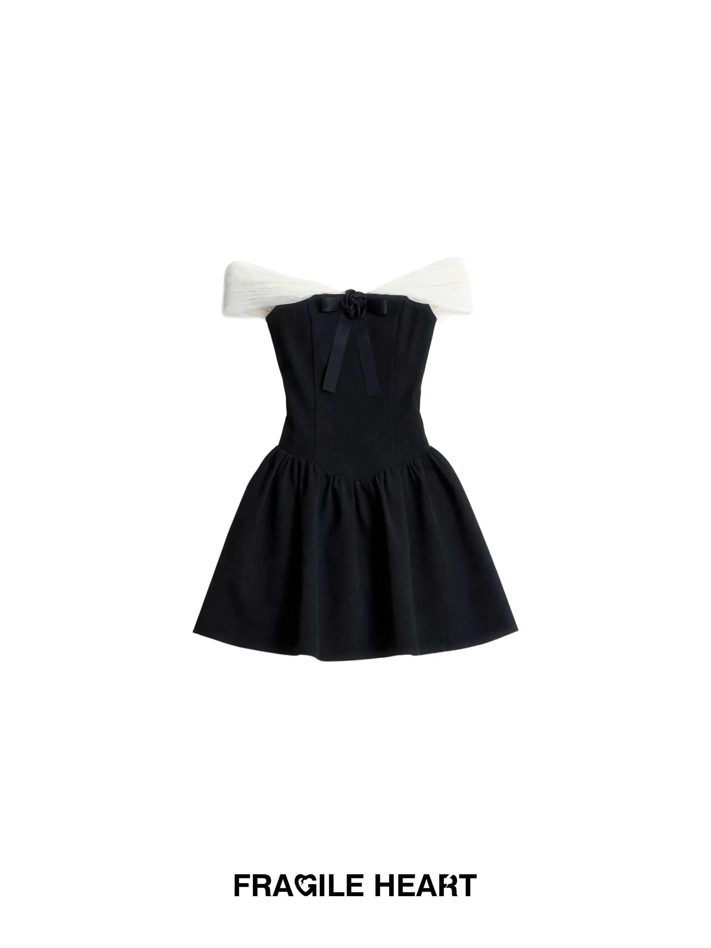 Contrast Off-Shoulder Bow Mini Dress - black variant image