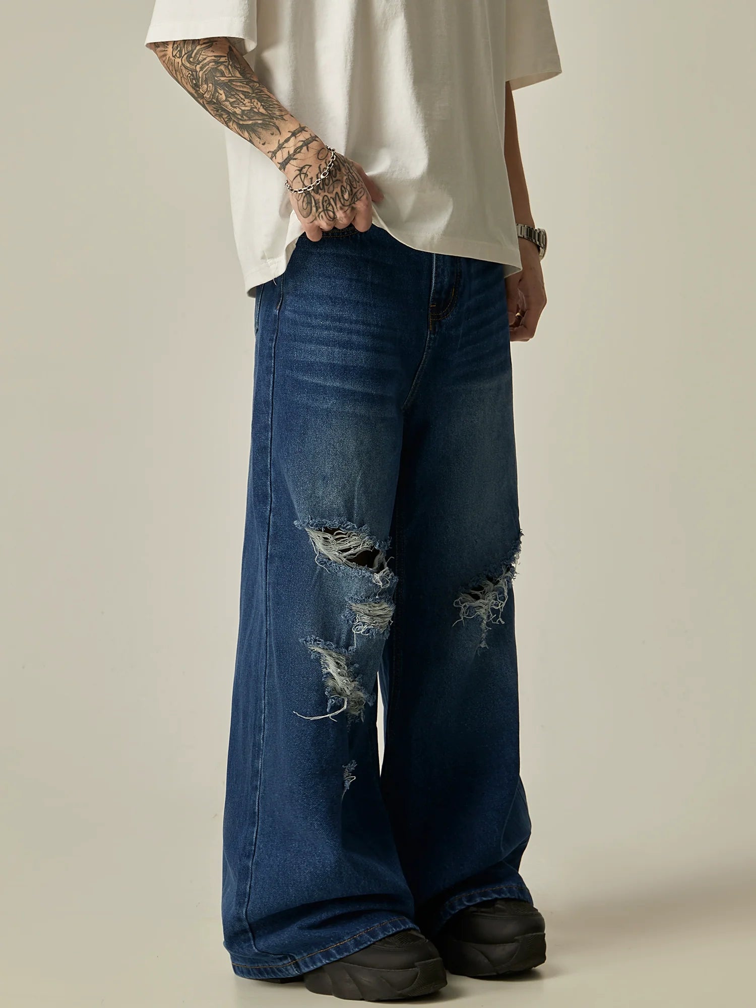 Distressed Wide-Leg High-Waisted Flare Jeans