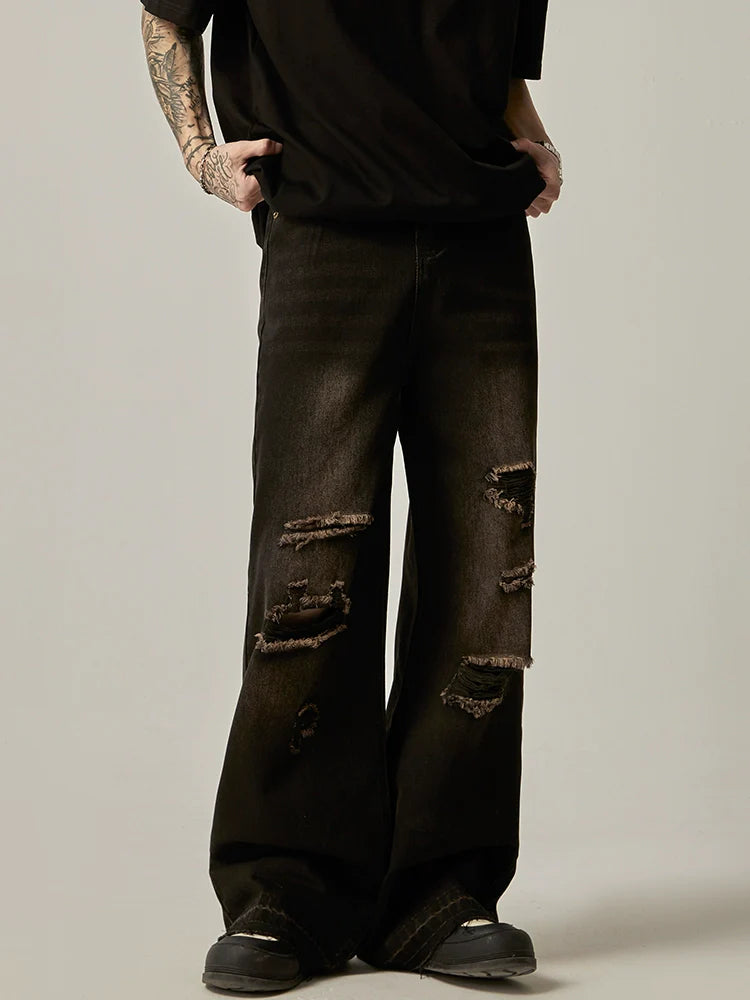 Distressed Wide-Leg Charcoal Denim Jeans