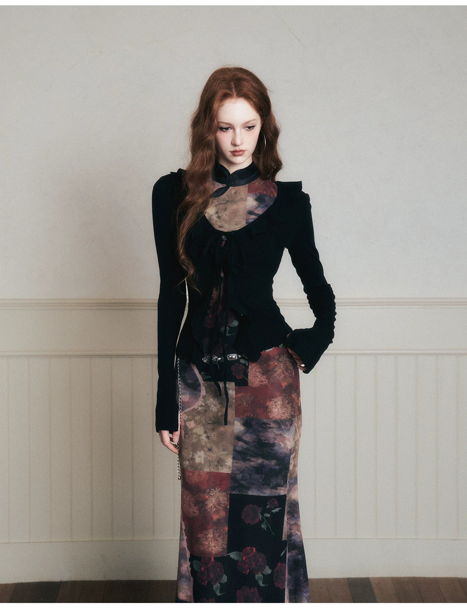 Vintage Noir Patchwork Cheongsam Maxi Dress