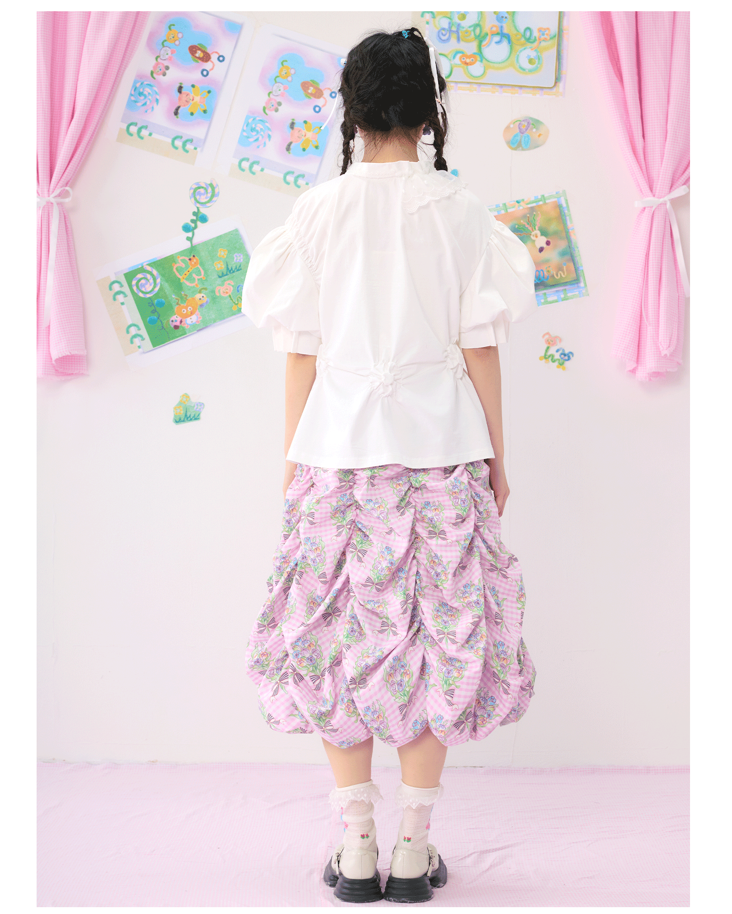 Pink Floral Ruched Bubble Skirt