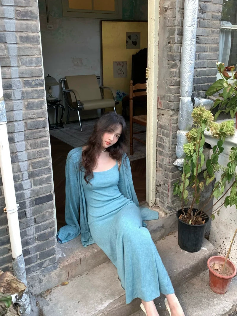 Knit Sleeveless Maxi Dress and Cardigan Setup
