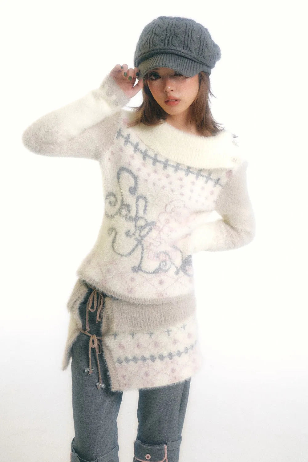 Fuzzy Graphic Print Winter Sweater