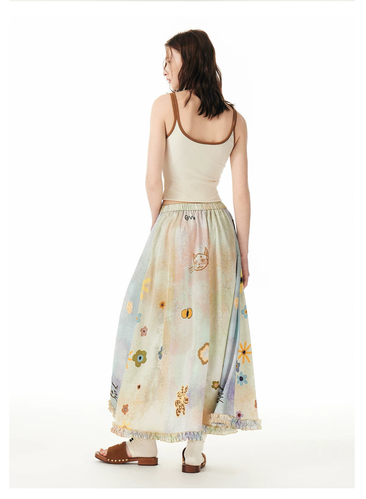 Pastel Meadow Kitty Garden Maxi Skirt
