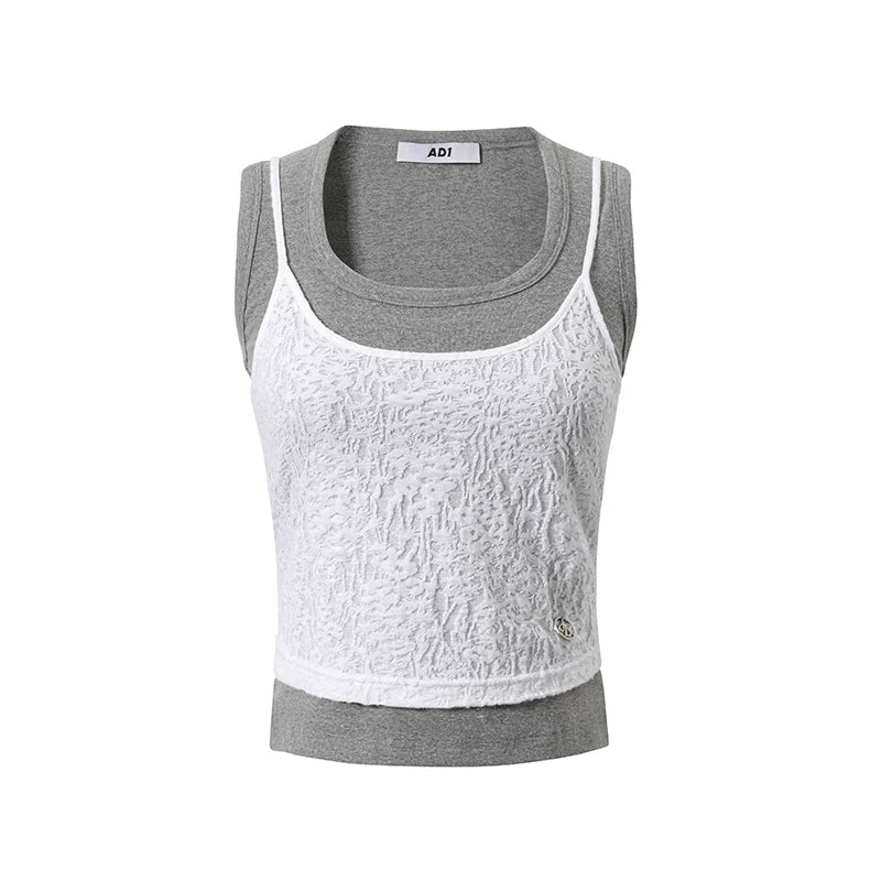 Textured Crop Tank Top: Sleeveless Fitted Vest with Layered Neckline