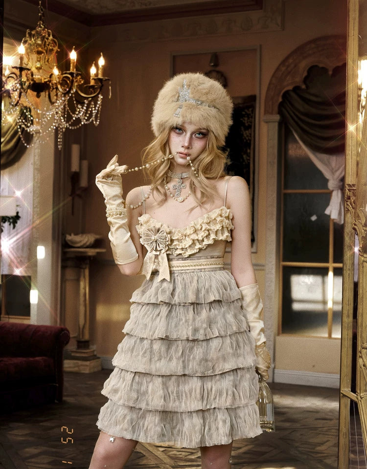 Cream Ruffle Bow Tiered Midi Dress