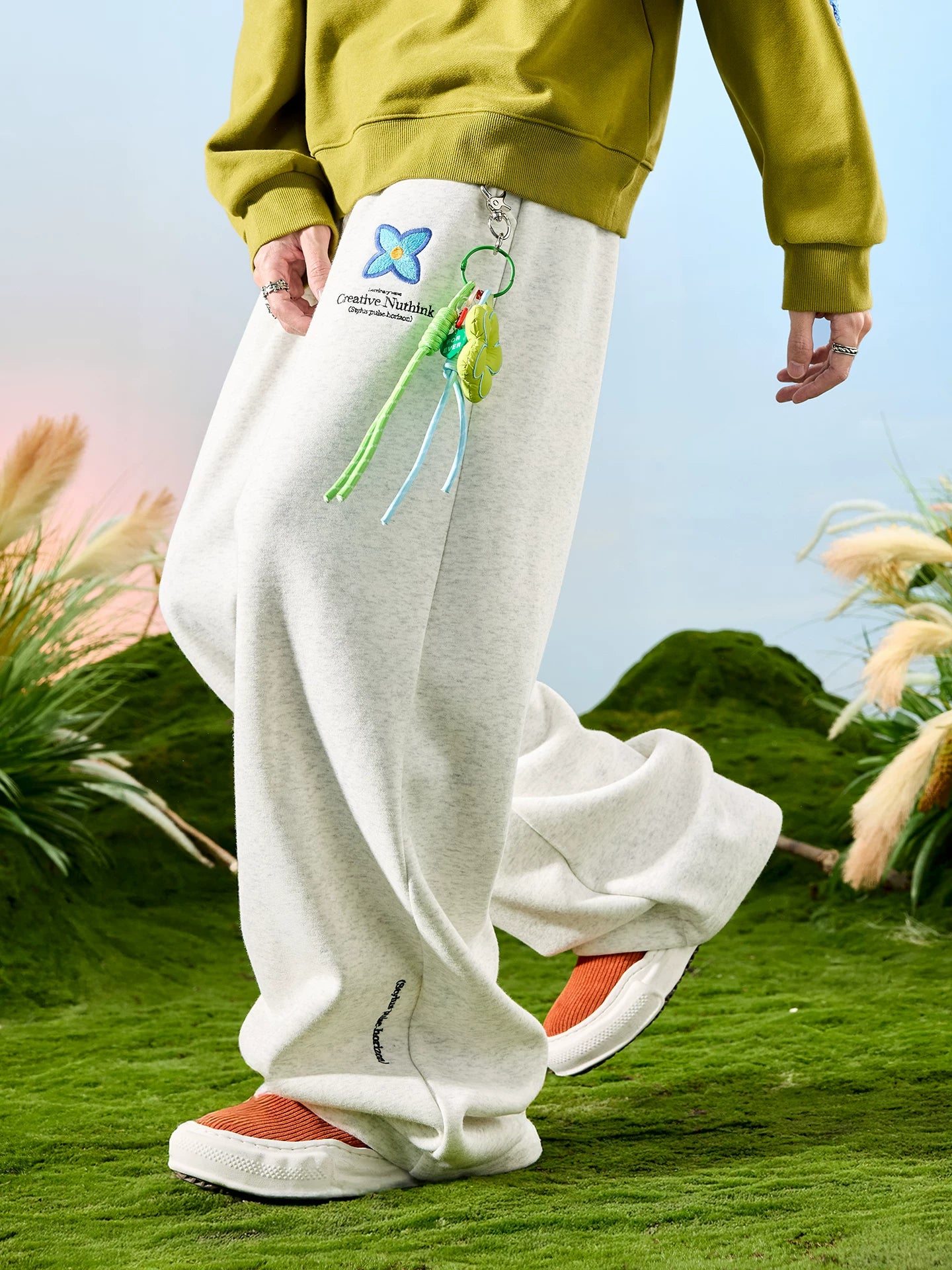 Embroidered Floral Drawstring Wide-Leg Sweatpants