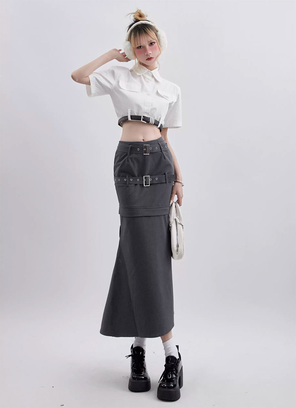 Double Belt Zipper Removable Slim Long Skirt - chiclara