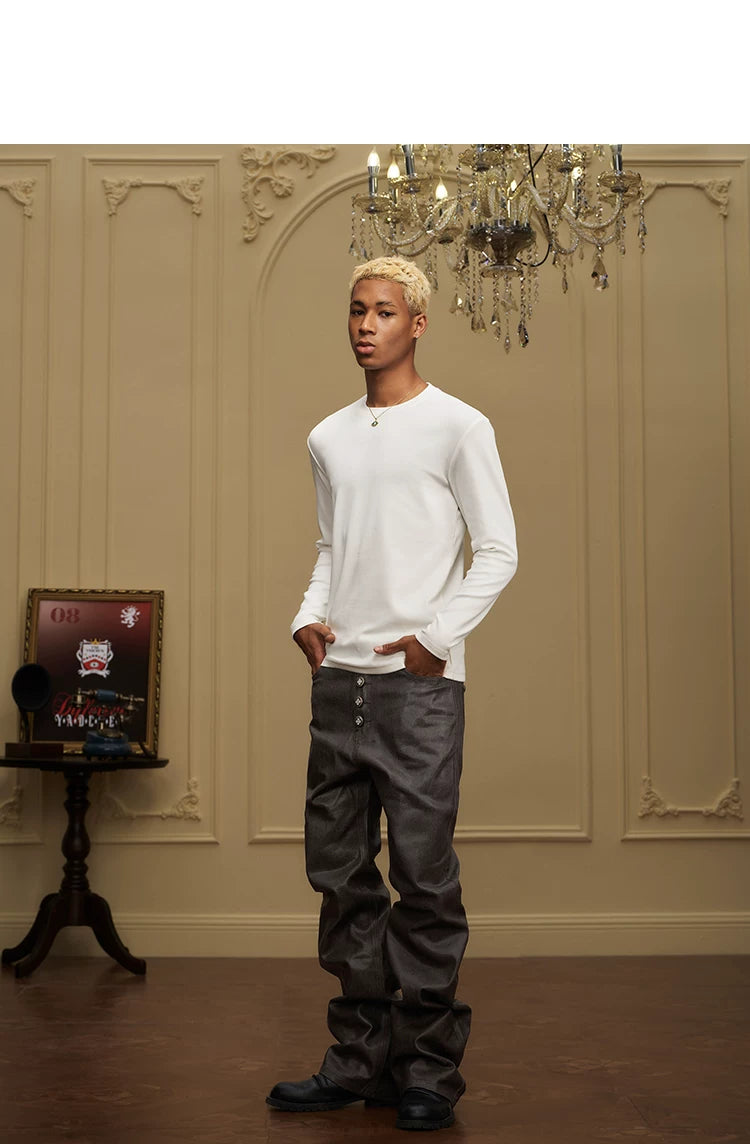 Button Fly Waxed Wide Leg Jeans