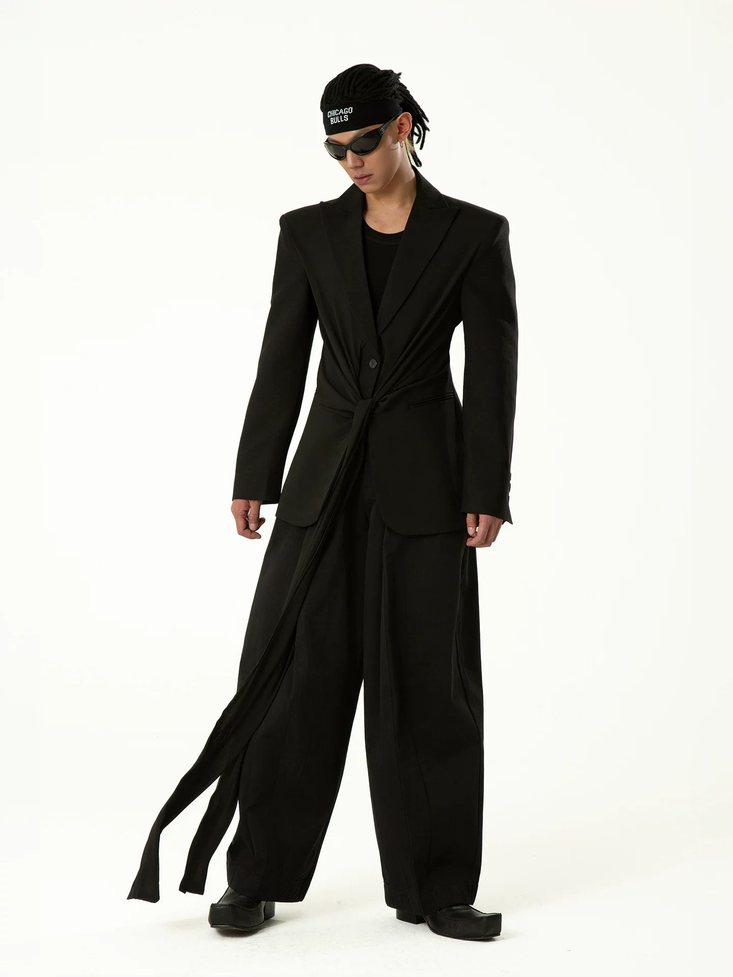 Draped Noir Tie-Front Blazer Coat