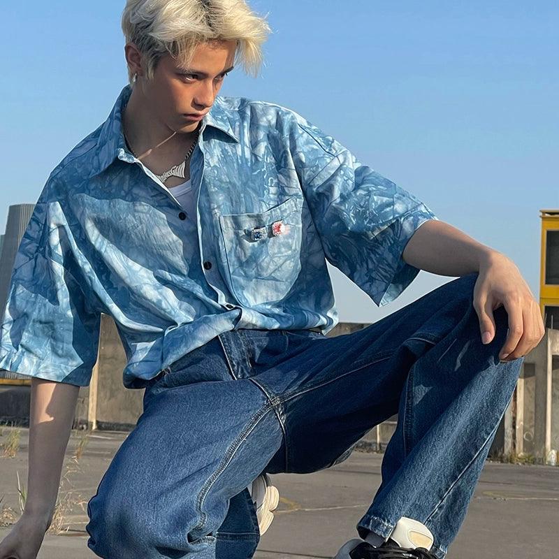 Blue Tie-Dye Short Sleeve Button-Up Shirt