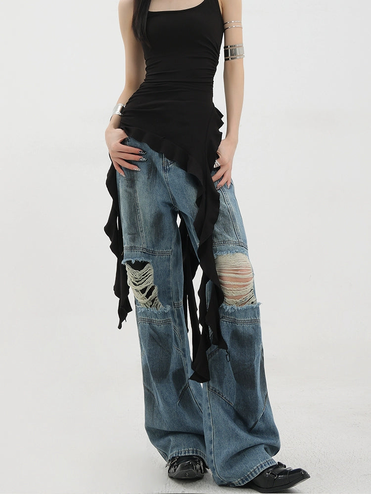 Vintage Distressed And Dirt-Dyed Patchwork Wide-Leg Jeans - chiclara