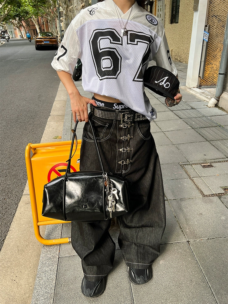 Wide Leg Hook Closure Jeans