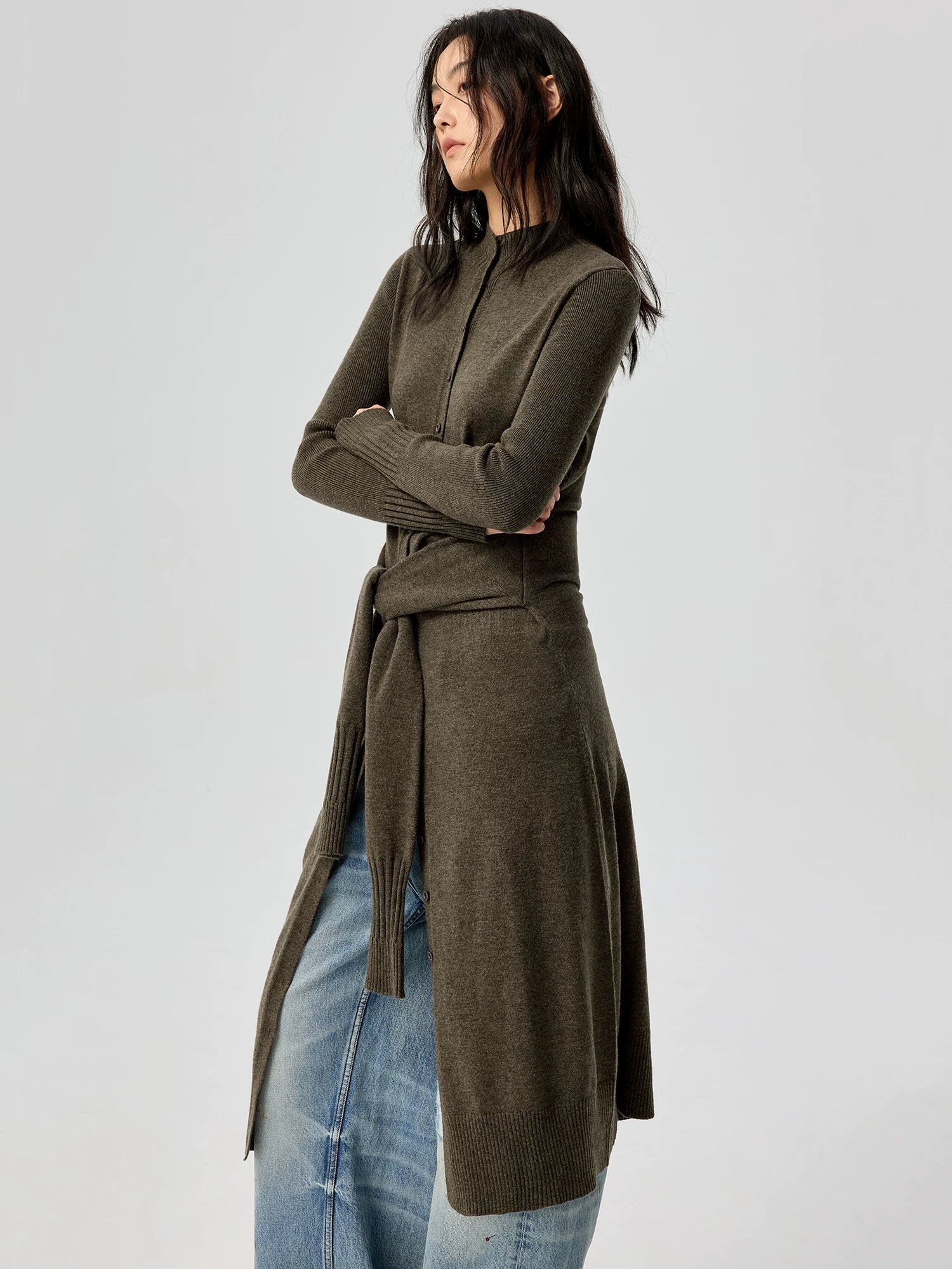 Button-Front Knit Midi Dress with Waist Tie