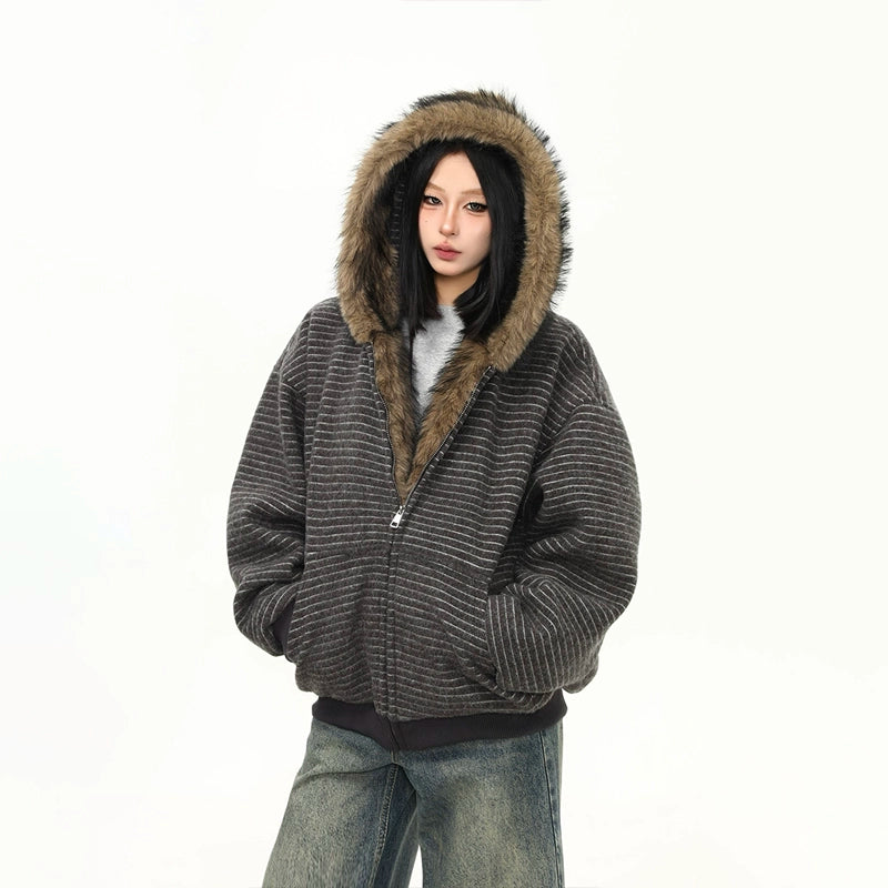 Frost Ridge Striped Faux Fur Hoodie Jacket