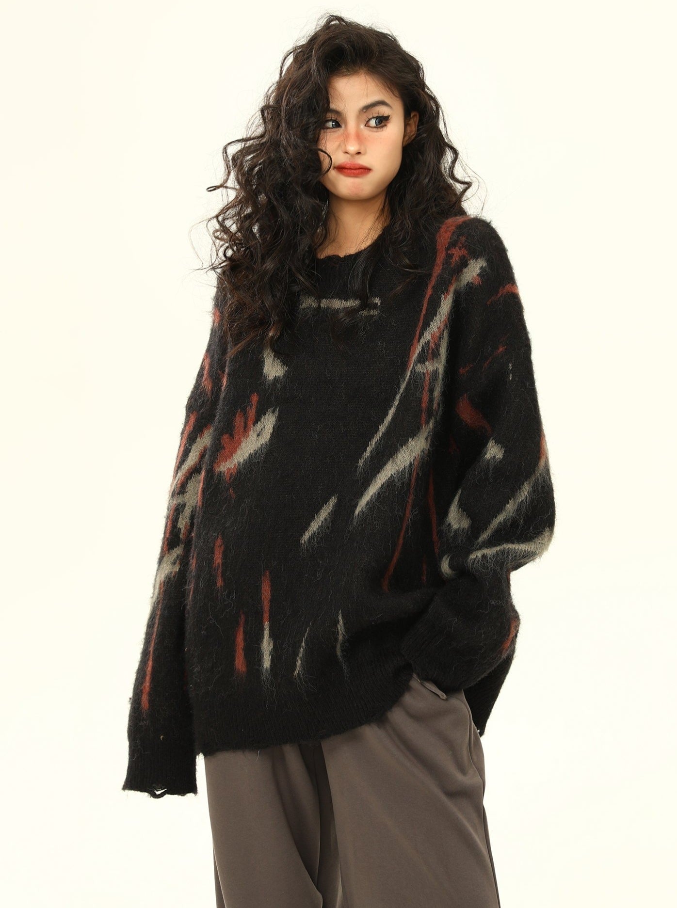 Distressed Abstract Pattern Oversized Sweater