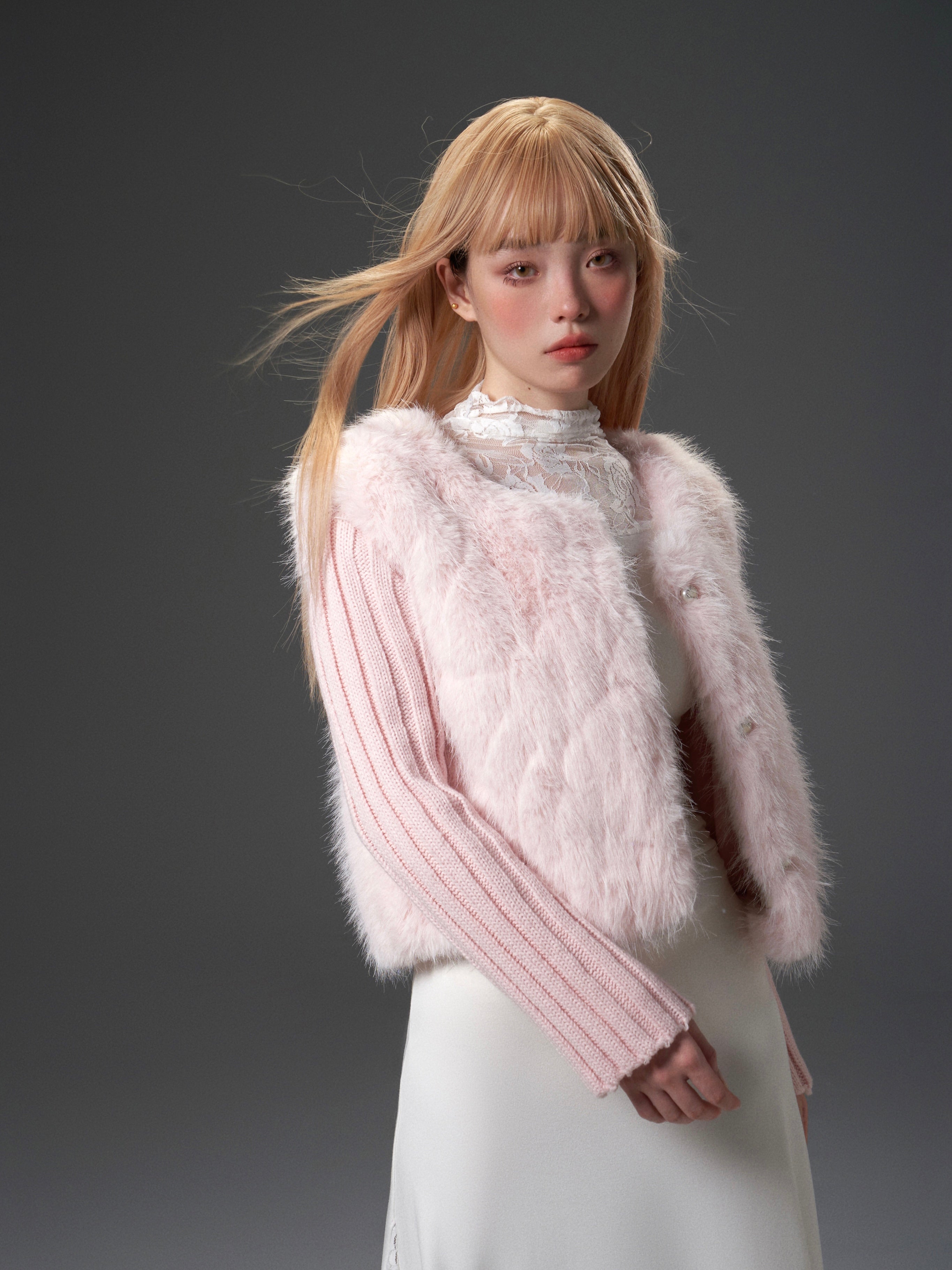 Pink Mixed-Texture Fur Jacket