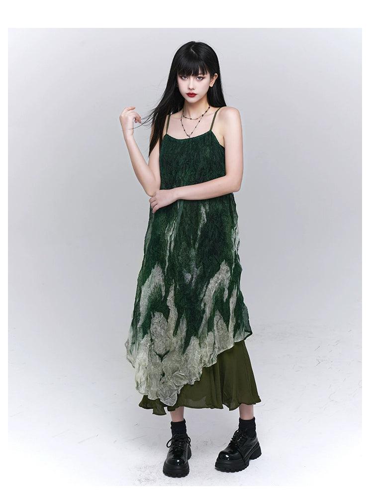 Ladyghost Forest Sprite Layered Maxi Dress - Women'S Green Ombre Tie-Dye Slip Dress With Asymmetrical Hem