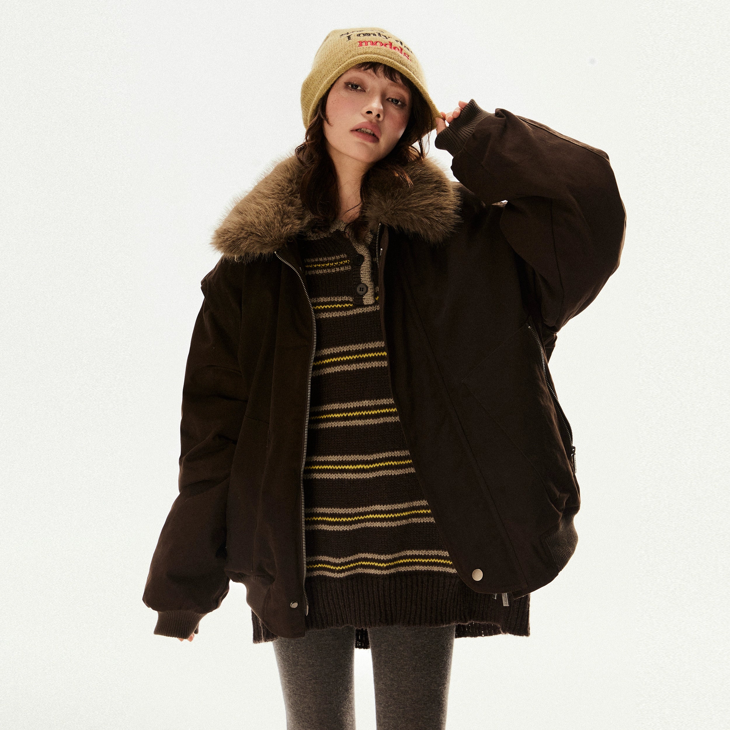 Oversized Faux Fur Collar Dark Brown Jacket