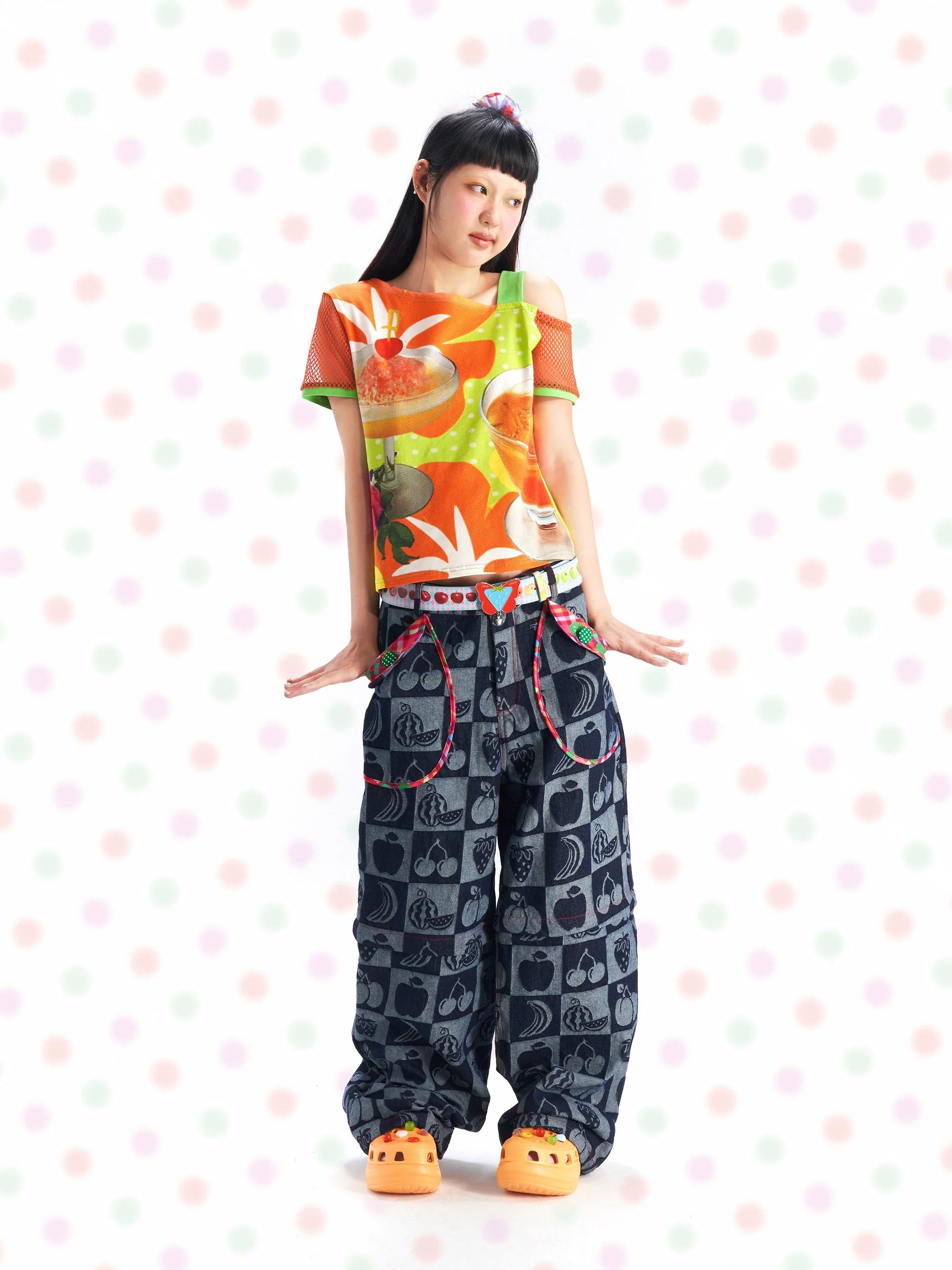 Orange Fruit Smoothie Print Mesh T-shirt