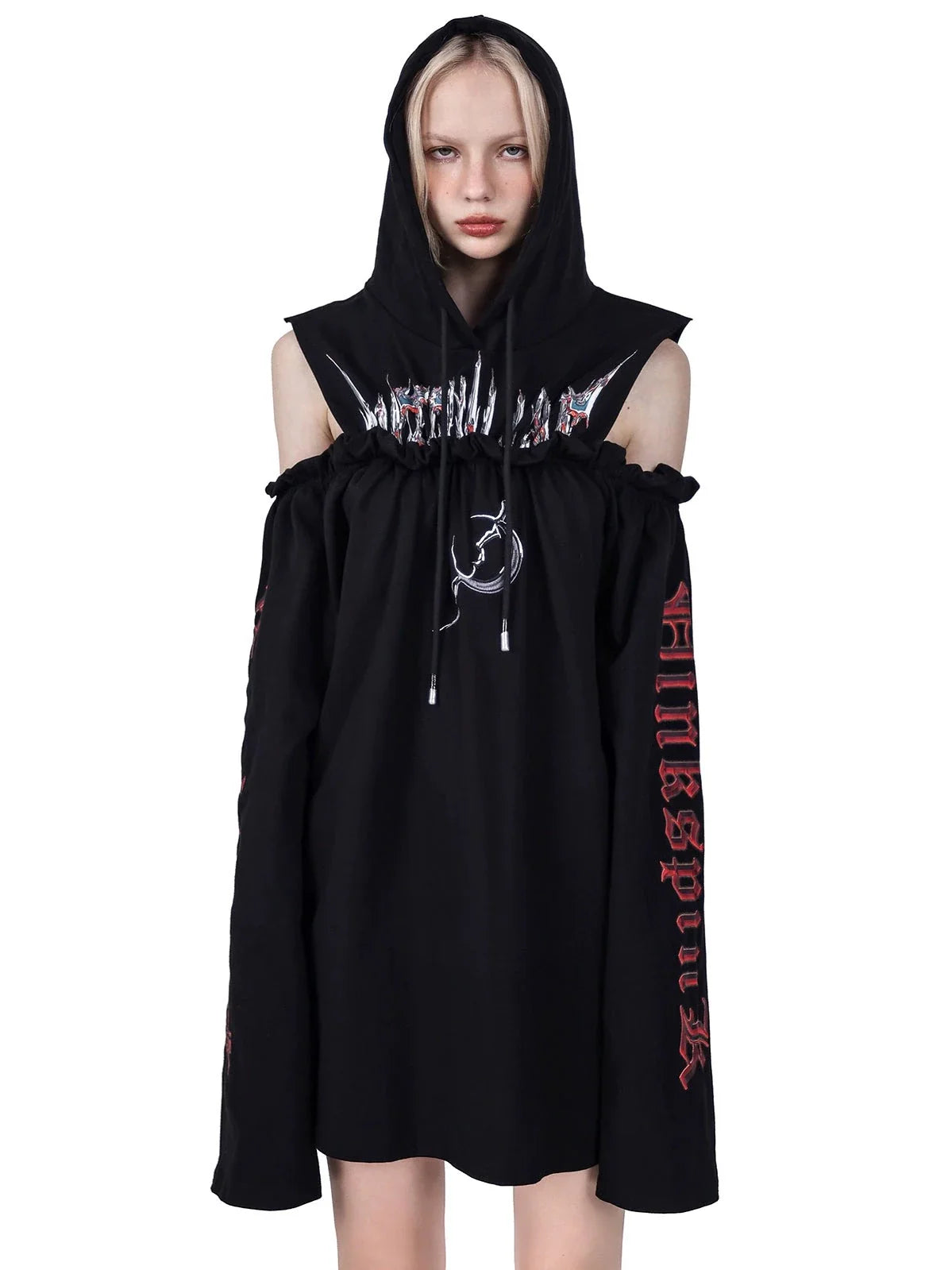 PINKSPINK Gothic Off-Shoulder Hoodie - Black