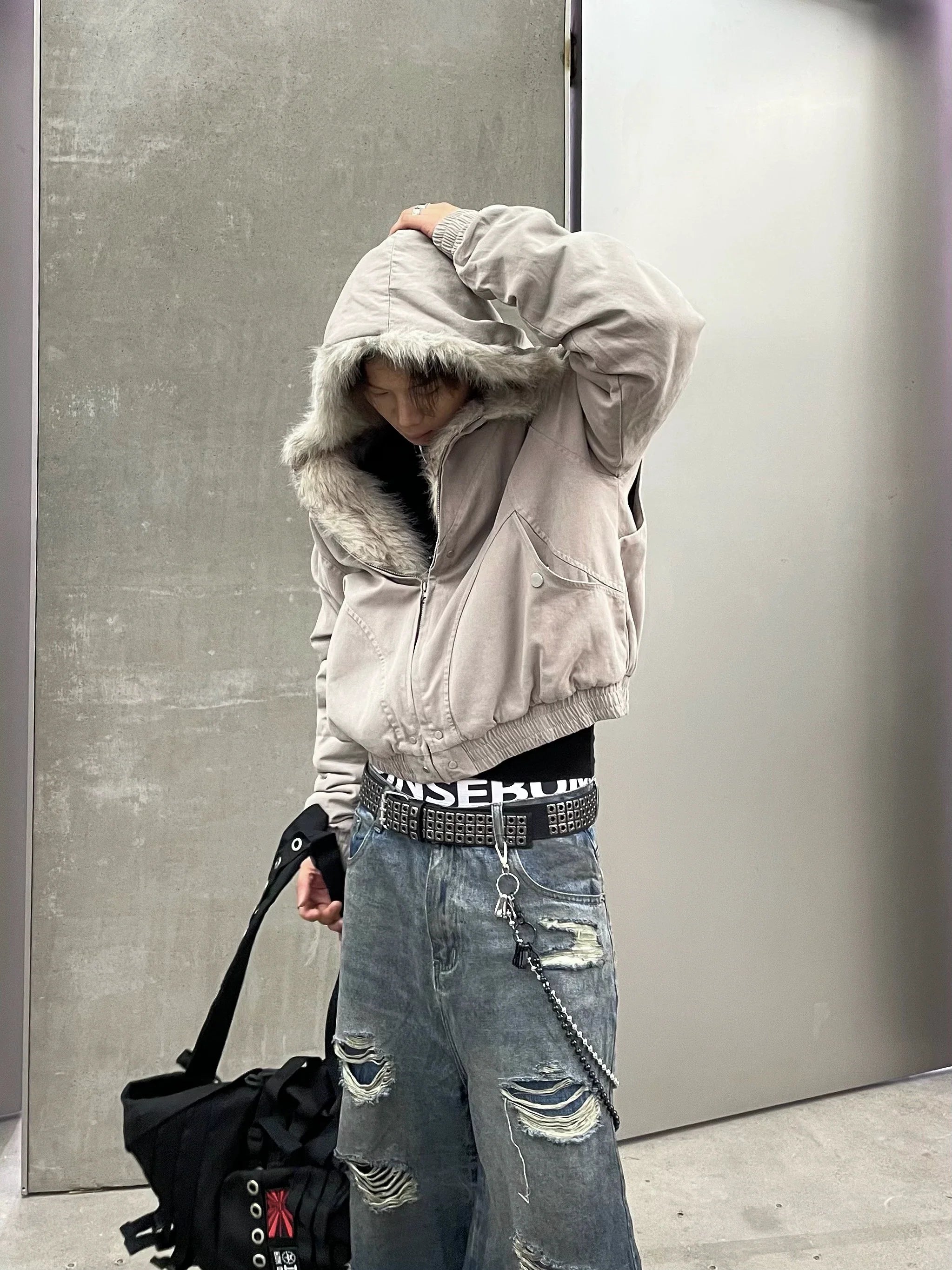 Fake Faux Fur Hood Bomber Jacket