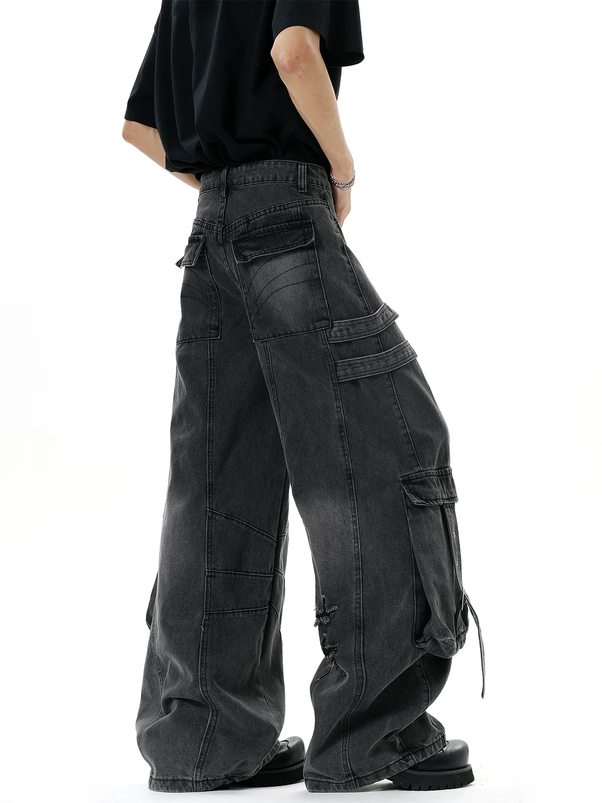 Harness-Ruined Cargo Denim Pants